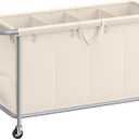 SONGMICS Laundry Basket with Wheels, 4-Section Rolling Laundry Hamper, 68.6 Gallons (260 L), Removable Liner, Steel Frame with Handle, 43.3 x 15.4 x 31.9 Inches, Cream White 