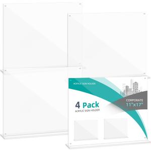 17x11 Acrylic Sign Holder Table Top with Magnetic Corners, 4-Pack Quick Change Display Stand for Menus, Posters and Ads, Restaurant, Office, Events, Retail, Large Size