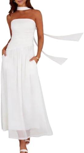 Summer Maxi Dresses for Women 2026 Strapless Ruched Tube Dress with Scarf Beach Vacation Spring Wedding Guest Dress Pockets Size S