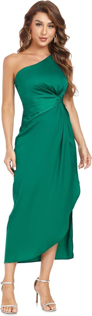 Women's One Shoulder Satin Silk Backless Split Wrap Hem Twist Ruched Summer Party Cocktail Midi Dress (Green), Sma