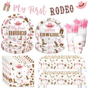 Costova My First Rodeo Supplies Tableware Set Girl, Cowgirl 1st Birthday Party Decorations, Western Wild West One Year Old Birthday Supplies Girl, My First Rodeo Banner Tablecloth Plates Napkins