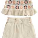 BemeyourBBs Toddler Girl Clothes Summer Baby Girl Embroidery Ruffle Tank Top Shrit Tassel Shorts Set 2 Piece Cute Boho Outfit (6-12 Months, Floral Apricot)