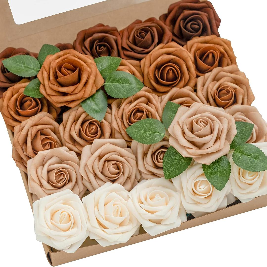 Ling's moment Artificial Flowers, 25Pcs 3" Roses in Walnut Brown Shades, Realistic DIY Foam Floral Decor for Wedding Bouquets/Centerpieces, Outdoor Party Backdrops, Room/Table, Garden/Pot Decorations