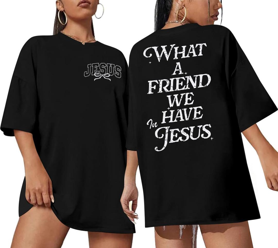 Christian Shirt Women What A Friend We Have in Jesus T-Shirt Bible Verse Inspirational Short Sleeve Tees Tops (Black, XL)