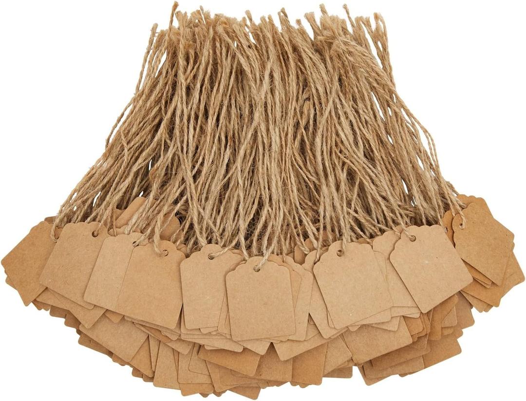 Juvale Paper Tags with Strings for Crafts & Gifts - 1.3 x 1.7 in, Brown, 1000-Pack - Paper Label Tags with String & Twine for Retail Labeling