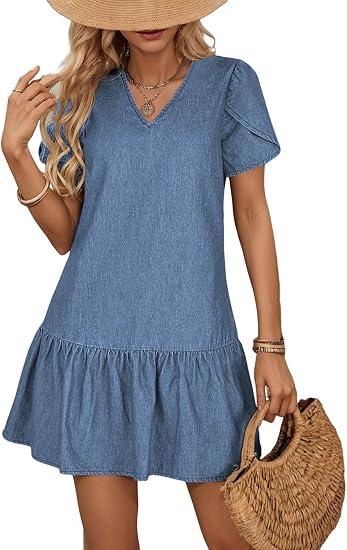 Dokotoo Denim Dress for Women Spring Summer Short Sleeve V Neck Ruffle Hem Casual Lightweight Swing Babydoll Mini Dresses, Large