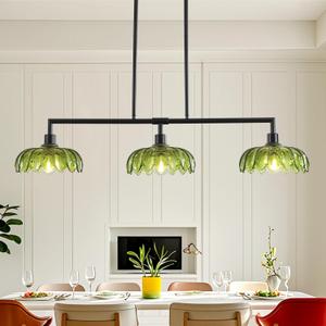 42'' Green Linear Chandeliers for Dining Room, 3-Light Glass Chandelier Kitchen Island Lighting Fixtures, Brass Gold Farmhouse Chandeliers for Kitchen Bar Dining Room
