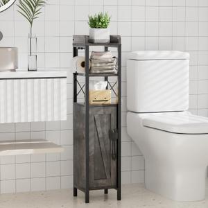 VECELO Small Bathroom Storage Cabinet, Slim Toilet Paper Holder with Shelves & Metal Racks, Organizer Cabinet for Narrow Spaces, Iron Gray, Farmhouse Style