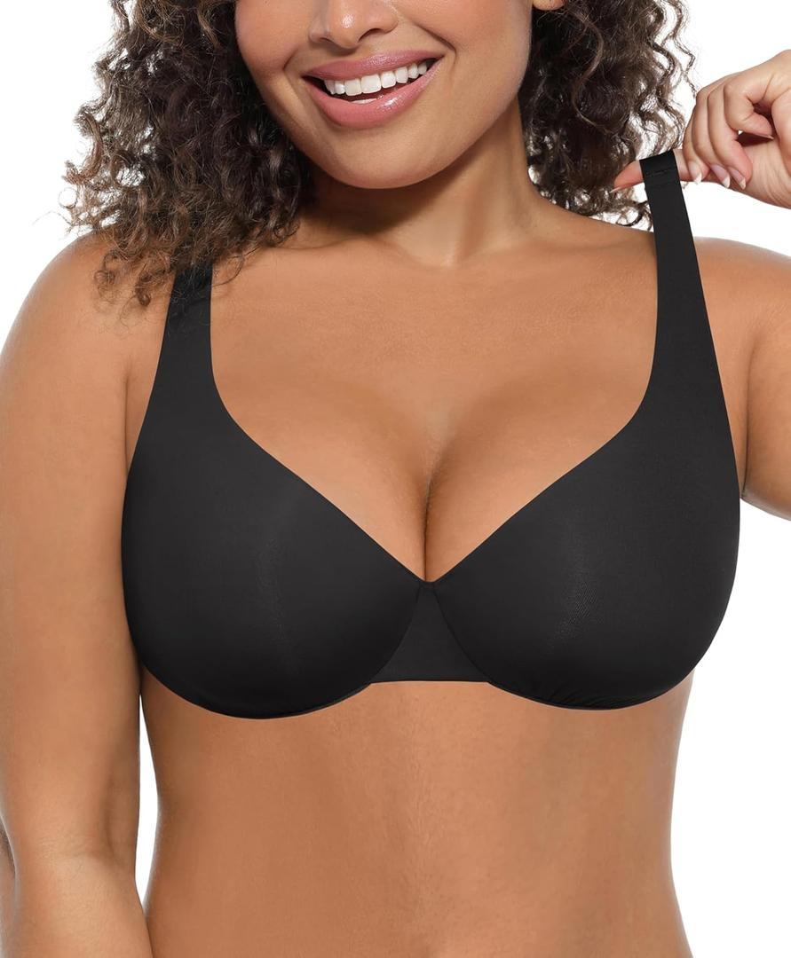 FeelinGirl Bras for Women Unlined No Padding Comfort Underwire Plus Size Full Coverage Seamless Plunge Everyday Bras (34C, Black)
