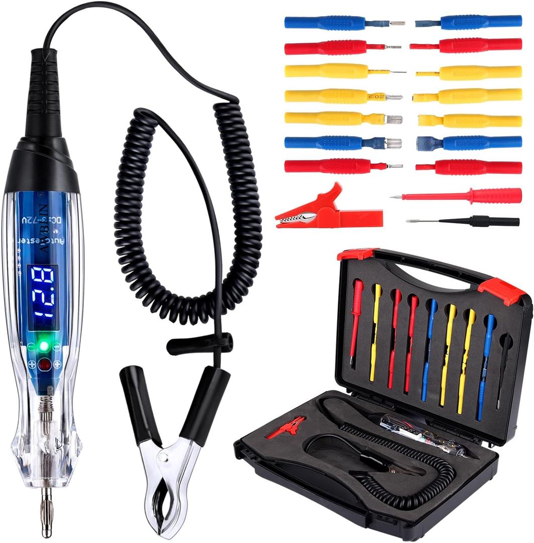 Test Light Probe Kit, 3-72V DC LED Digital Automotive Circuit Tester with Voltmeter, 18 Pieces Multi Function Auto Fuse Voltage Tester Electric Probe Test Kit with Black Carrying Case