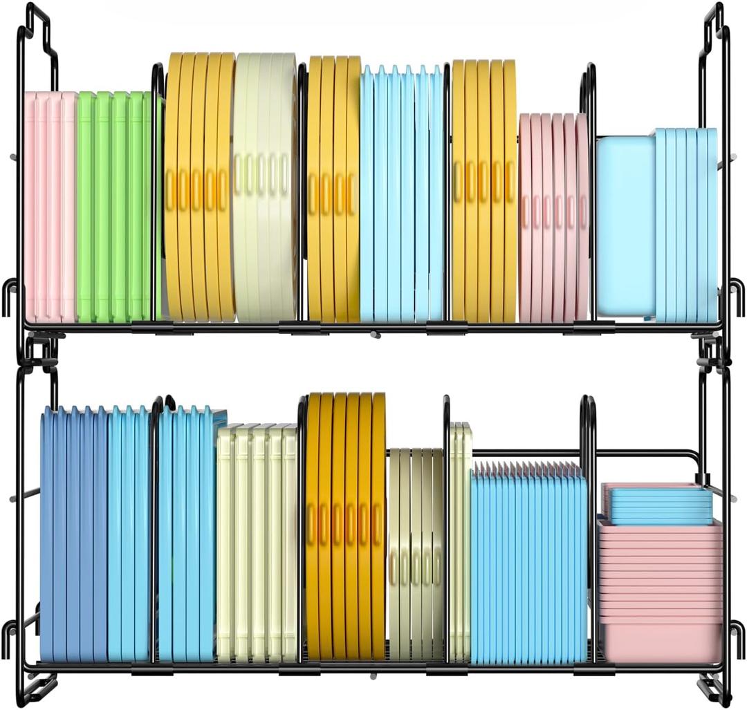 Set of 2 Stackable Food Container Lid Organizer, Adjustable Metal Lid Storage Shelf for Kitchen, 4 Dividers Detachable Lid Organiser Rack for Cabinets, Cupboards, Pantry Shelves, Drawers, Black