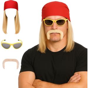 3Pcs Wrestler Costume Kit Includes Headscarf with Hair Fake Beard Glasses for Halloween Cosplay Dress up Accessories
