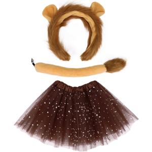 3 Piece Lion Costume Set Lion Ears Headband with Tail and Tutu for Women Halloween Cosplay Party Accessories (Brown)