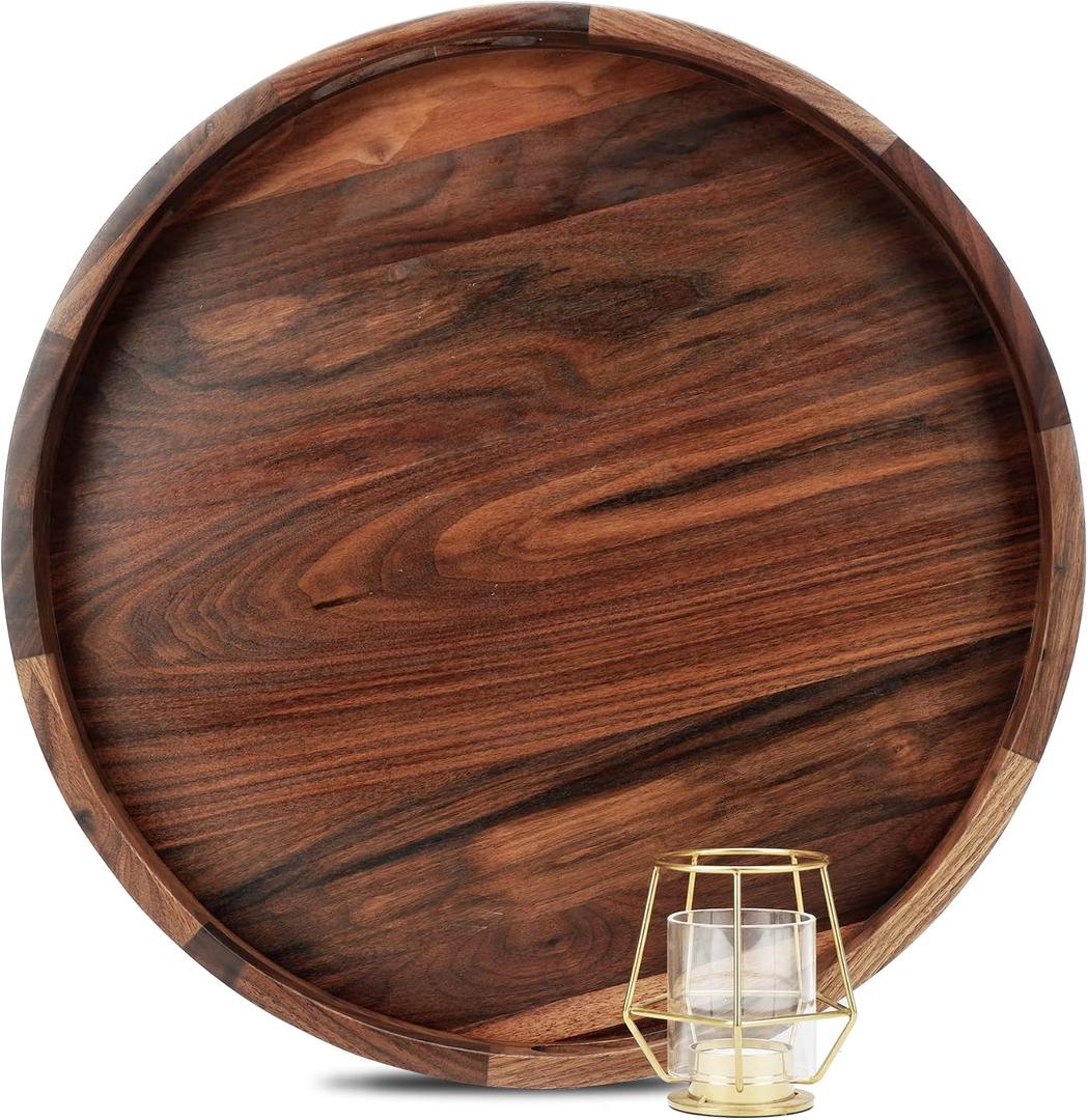 18 Inches Extra Large Round Black Walnut Wood Ottoman Tray with Handles, Serve Tea, Coffee or Breakfast in Bed, Classic Circular Wooden Decorative Serving Tray