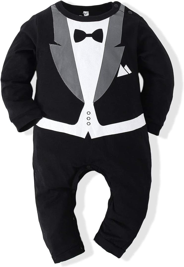 Kimocat Baby Boy Romper Tuxedo Jumpsuit Gentleman One-Piece Button-Down Bowtie Wedding Suit Bodysuit (6-12 Months)