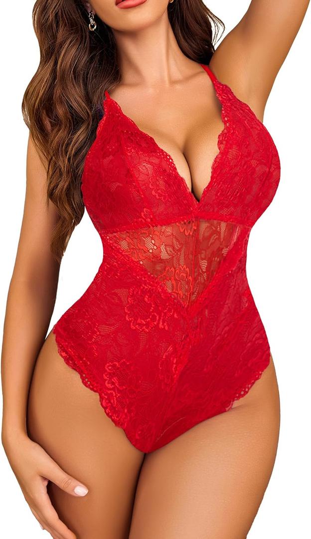 Avidlove Women Snap Crotch Lingerie Sexy Lace Bodysuit Deep V Teddy One Piece Lace Babydoll (Medium, Bright Red, with Snap Crotch)