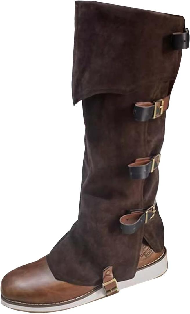 Men's Medieval Boot Covers,Renaissance Pirate Costume Boots Cover,Faux Leather Steampunk Shoes Cover,Viking Warrior Knight Armor Leg Gaiters Cosplay Accessory, L