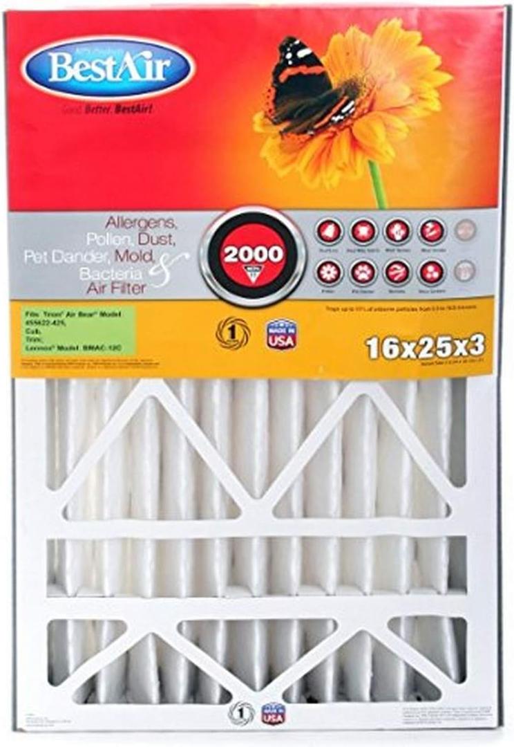 BestAir AB3-1625-11R Air Cleaning Furnace Filter, MERV 11, For Trion Air Bear, Supreme, Skuttle, GeneralAire, Source1 & Ultravation Models, 16" x 25" x 3", Single Pack