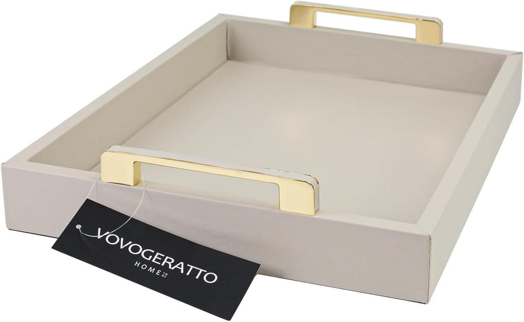 Decorative Tray for Coffee Table, Serving Tray with Handles for Ottoman, 16"x12" Large Rectangular Tray Leather Serving Trays for Home Decor, Living Room, Kitchen, Bedroom - Cool Gray