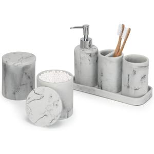 ZCCZ White Marble Bathroom Accessories Set 6 Pieces - Toothbrush Holder, Lotion Dispenser, Qtip Container, Vanity Tray, Tumbler - Countertop Organizer for Bathrooms - Elegant and Functional Dcor Set