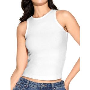 Tank Top with Built in Bra for Women Padded Ribbed Casual Sleeveless Camisole Long Crop Top (Large, White)