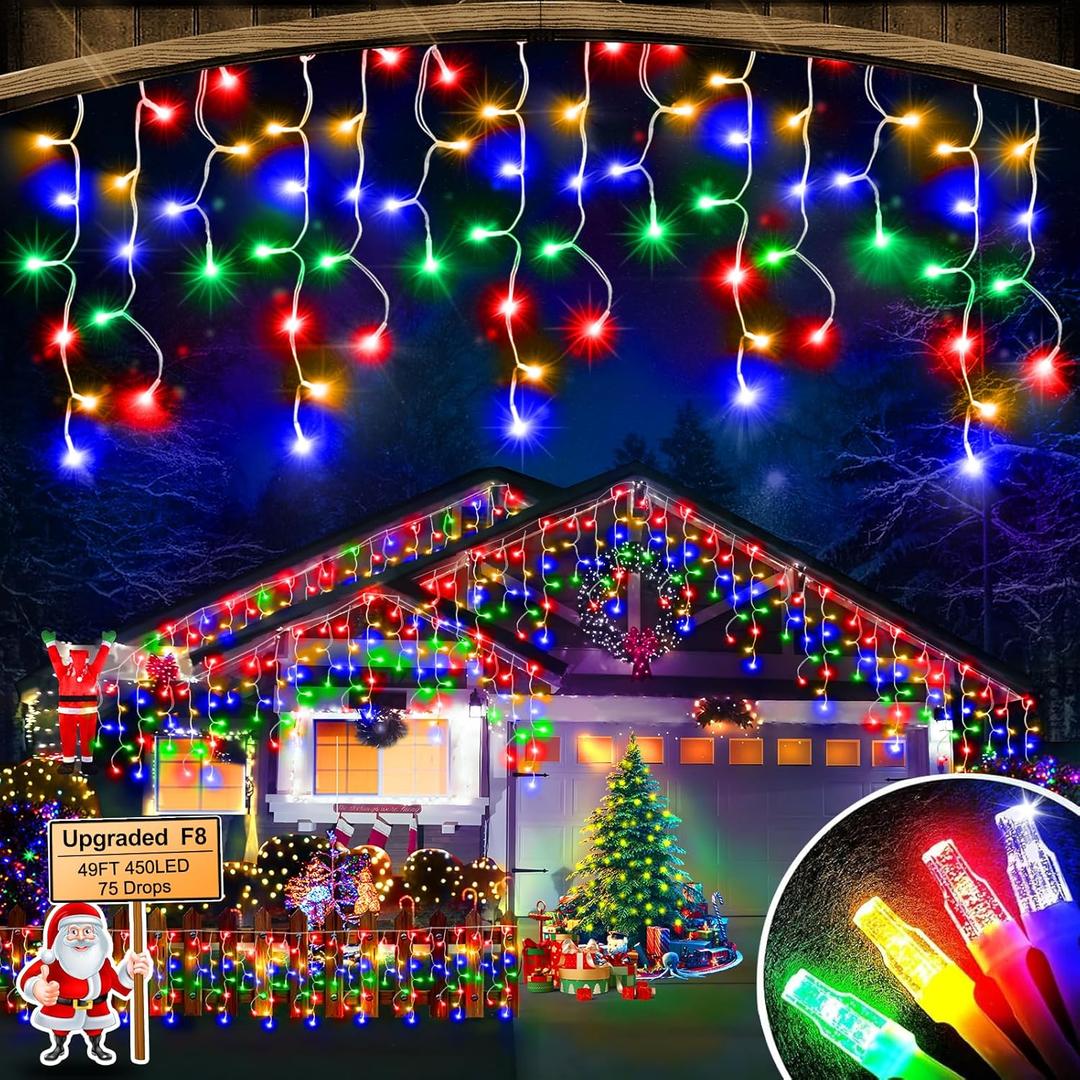 Christmas Lights Outdoor, 49FT 450 LED Ice Lights for Outside, Ice String Lights with 8 Modes, Waterproof Timer Memory Hanging Light for Eaves Party Yard Garden(Multicolor)