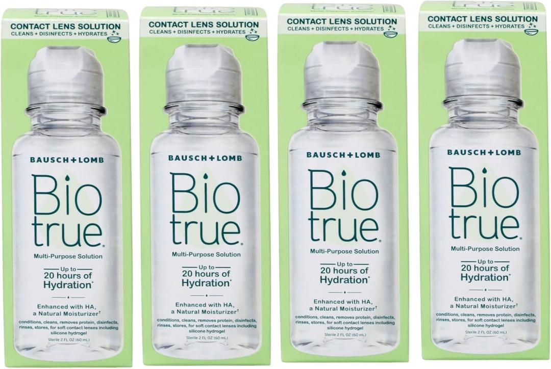 Biotrue Contact Solution, Multi-Purpose Lens Solution for Soft Lenses, Cleans, Disinfects, Removes Protein Build-Up, Dirt & Debris, Hydrates, Stores & Conditions Contacts, 2 Fl Oz (Pack of 4)