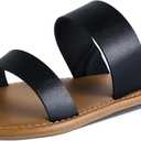 Putu Women's Two Strap Flat Sandals Casual Slide Sandals for Wide Feet (7, Black)
