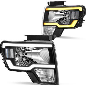 DWVO Headlights Assembly Compatible with 2009 2010 2011 2012 2013 2014 Ford F150 Headlamp with Led DRL Replacement Pair Driver and Passenger Side Black Housing Clear Reflector (Only fit 3 Pin Plug)