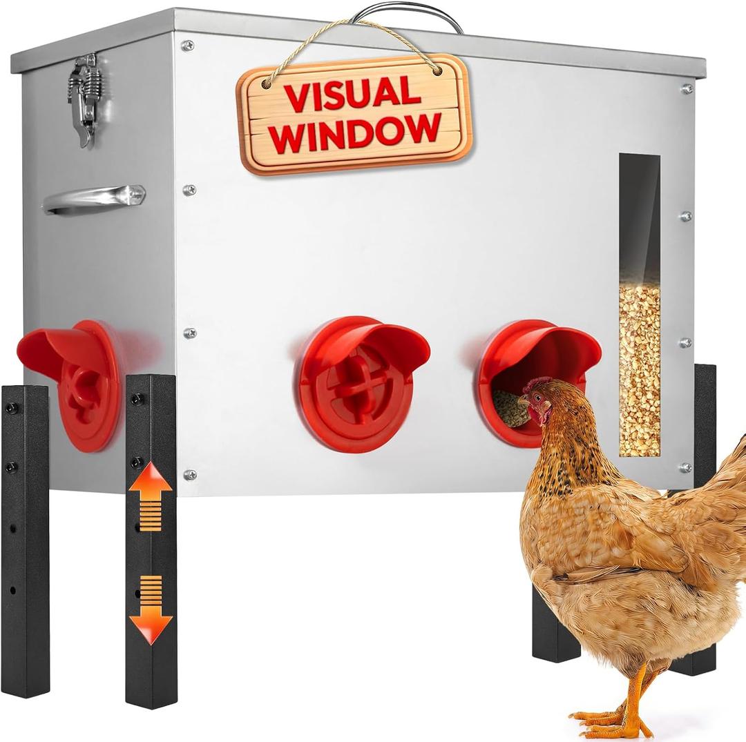 Chicken Feeder Metal 40lb,Automatic Chicken Feeder with Viewing Window,No Waste Height Adjustable Large Capacity Poultry Equipment,Rat Proof,Rodent Proof,Weatherproof Silo,Outdoor Chicken coop