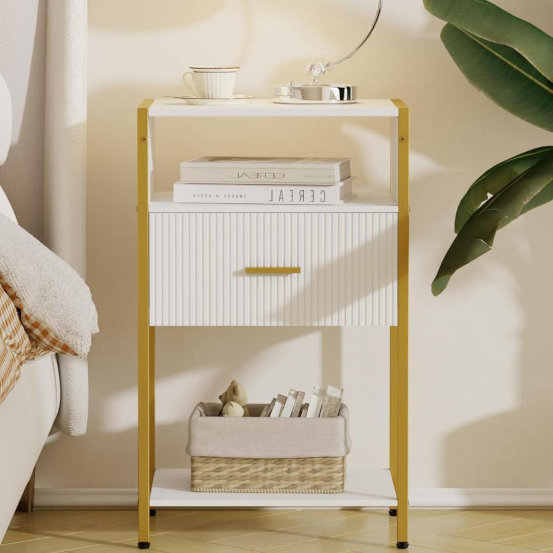 Fluted Nightstand, Modern Side Table with Drawer, White and Gold Bedside Table with Open Shelves for Living Room, Bedroom
