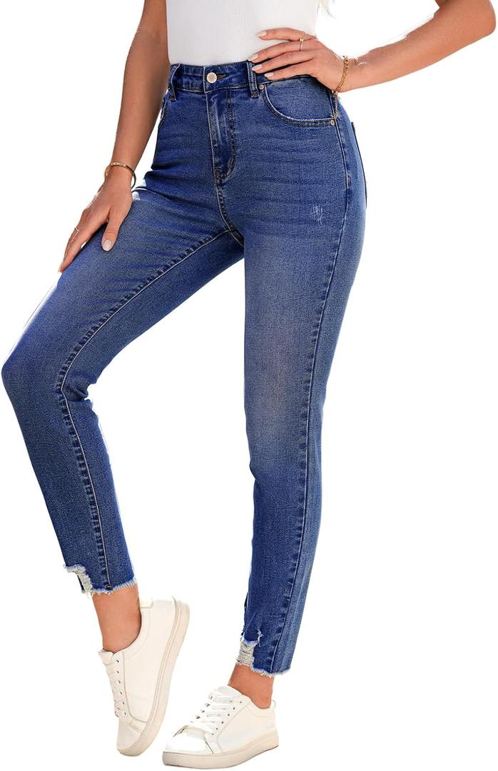SHEWIN Women's Ripped Shaping Skinny Jeans Distressed Raw Hem Stretchy Denim Pants