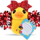 Lenwen Cheer Duck Gift with Pom Poms Bow 8 Inch Duck Plush Senior Cheerleader Gifts Team Support Gift for Senior Night Gifts Cheer Competition Day Must Have