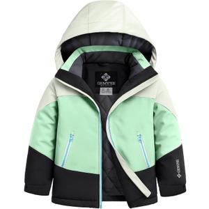 GEMYSE Girls Winter Coat Waterproof Windproof Girls Ski Jacket with Hood Kids Quilted Outerwear(Ambrosia Green Patchwork, 6/ 7)