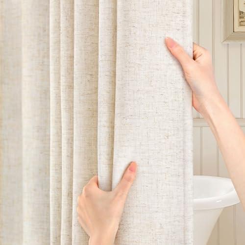 Awellife Beige Flax Linen Style Shower Curtain Set with 12 Durable Hooks - Cream Tan Fabric Textured Heavy Cloth Neutral Shower Curtains for Bathroom, 72 x 75 Inch
