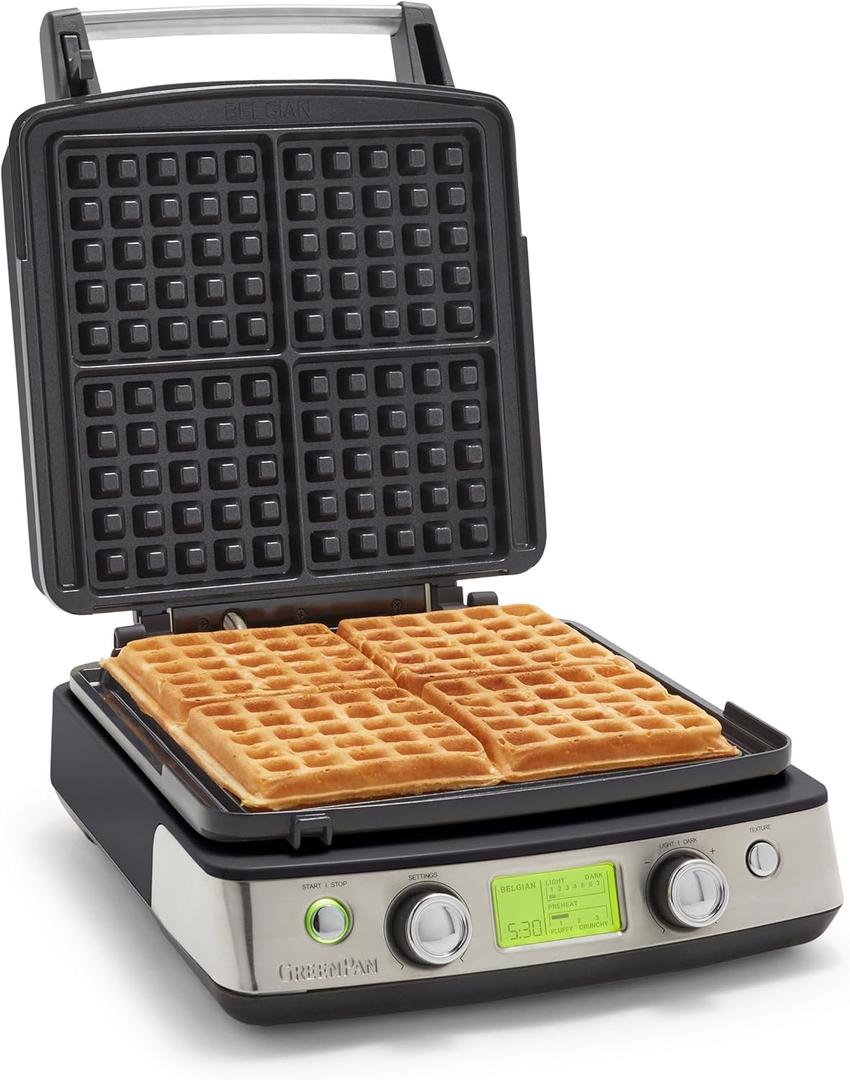 GreenPan Elite 4-Square Belgian & Classic Waffle Maker, Healthy Ceramic Nonstick Aluminum Dishwasher Safe Plates, Adjustable Shade/Crunch Control, Wont Overflow,Easy Cleanup Breakfast,PFAS-Free,Black