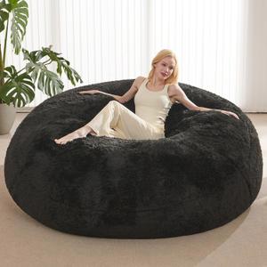 Bean Bag Cover (No Filler), Faux Fur Beanbag Chairs Covers Only, Stuffed Animal Storage Bean Bag, Giant Washable Beanbag Cover Without Filling, 7FT, Black