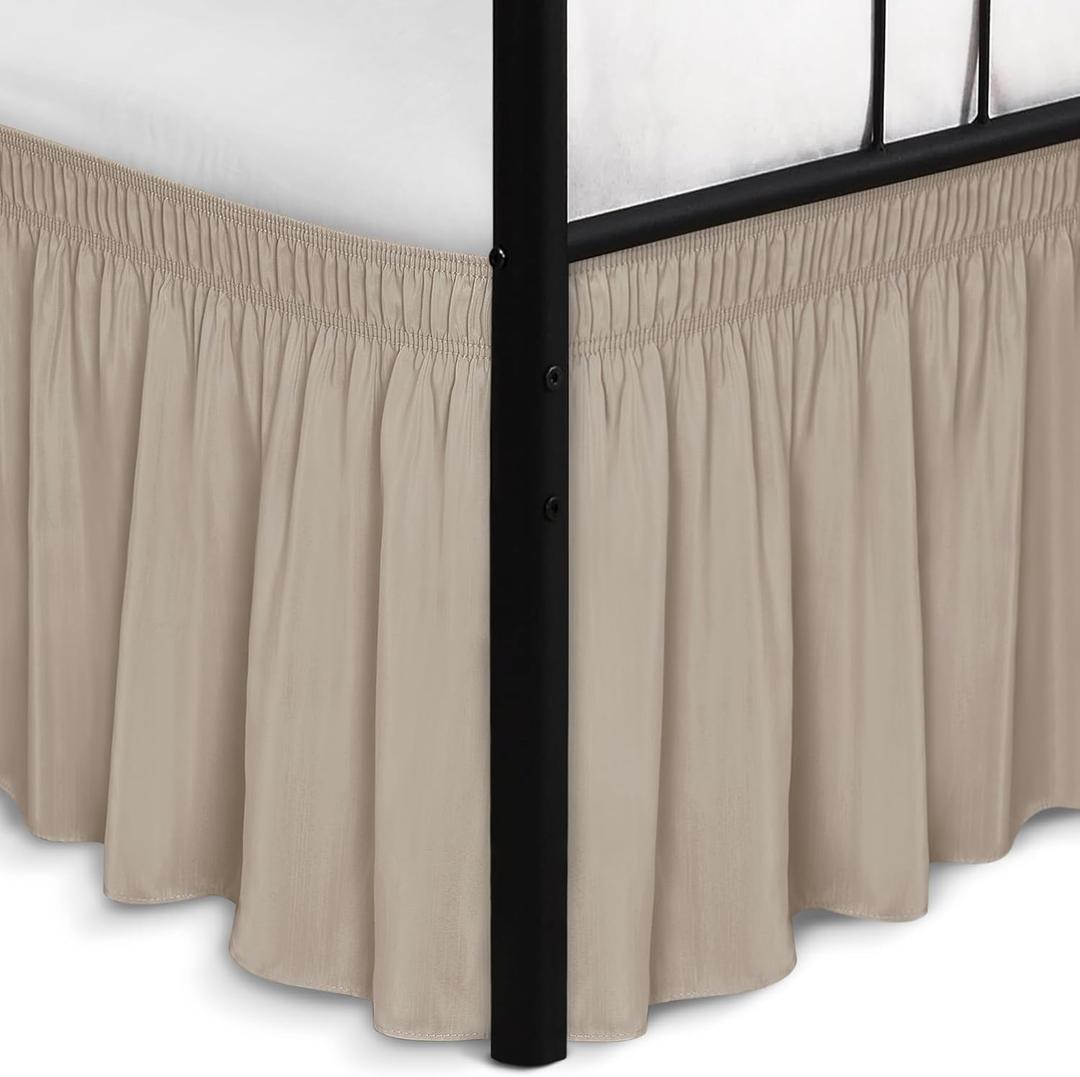 Biscaynebay Wrap Around Bed Skirts with Split Corners for Queen Beds 15" Drop, Light Camel Adjustable Elastic Dust Ruffles Easy Fit Wrinkle Resistant Silky Luxurious Fabric Machine Washable