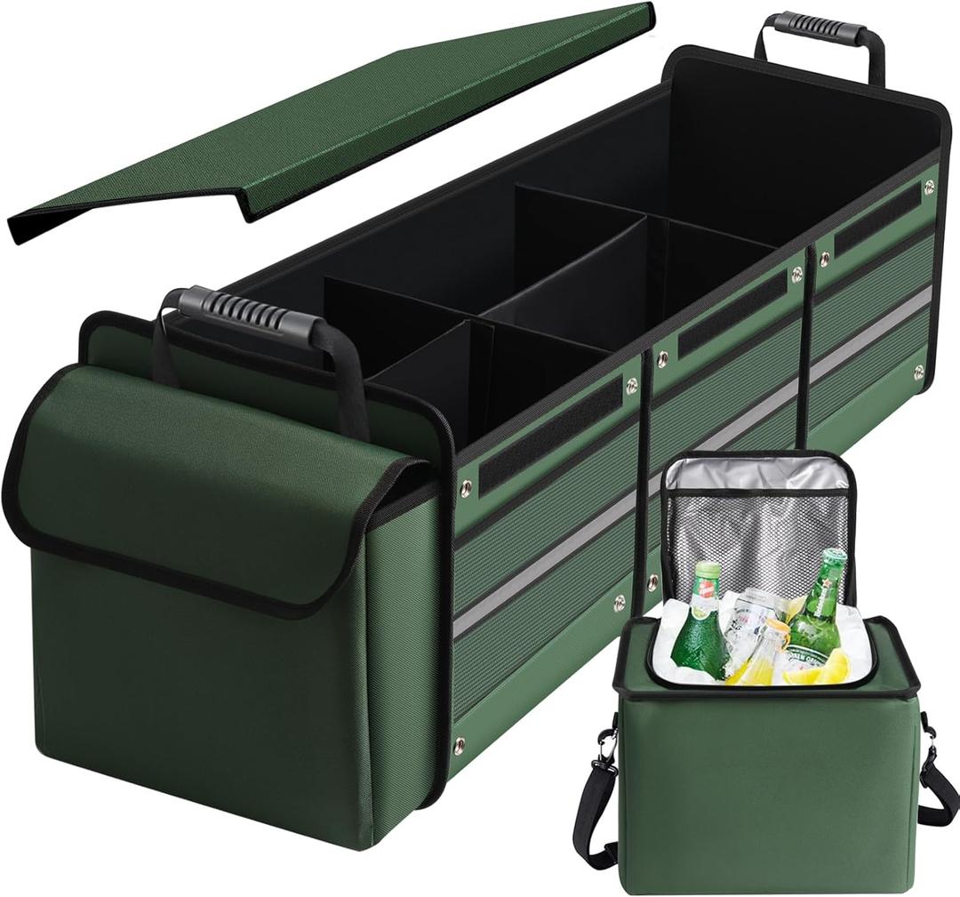 Car Trunk Organizer, 115L Heavy Duty Collapsible Trunk Storage, with Insulated Leakproof Cooler Bag Vehicle Cargo Organizer with Lid, 3 Compartments, Straps For Car, SUV, Jeep, Sedan-Green (Green 115L)
