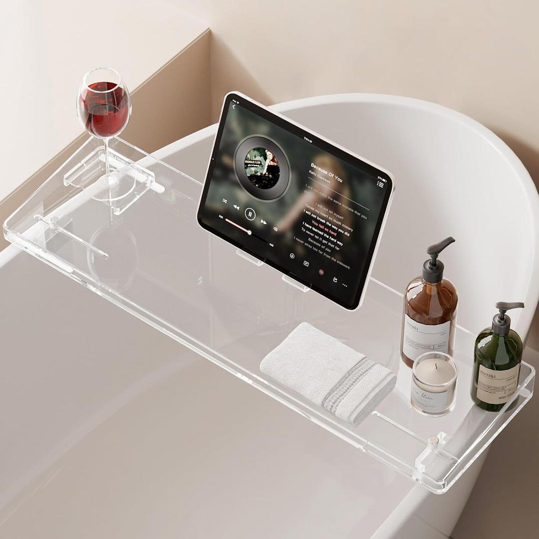 Bathtub Tray, Acrylic Bath Caddy with Adjustable Lock - Sweet Gift for Birthdays, Weddings, Anniversaies, and Housewarmings, Clear