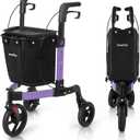 3 Wheel Walkers for Seniors, Foldable Rollator Walker with Tray & Large Storage Bag, 10" Big Wheel for All Terrain, 350 lb Weight Capacity, Purple