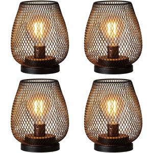 Set of 4 Battery Operated Lamp LED Table Lantern, Brown Metal Cage Cordless Lamps with LED BulbVintage Decorative Outdoor Lantern for Weddings, Parties, Patio, Events for Indoors Shelf Decor