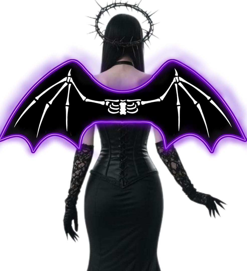 LED Bat Skeleton Wings for Women Adults, Bat Costumes Glow In The Dark Halloween Dress Up Party Accessories Decor (Black, Pack of 2)