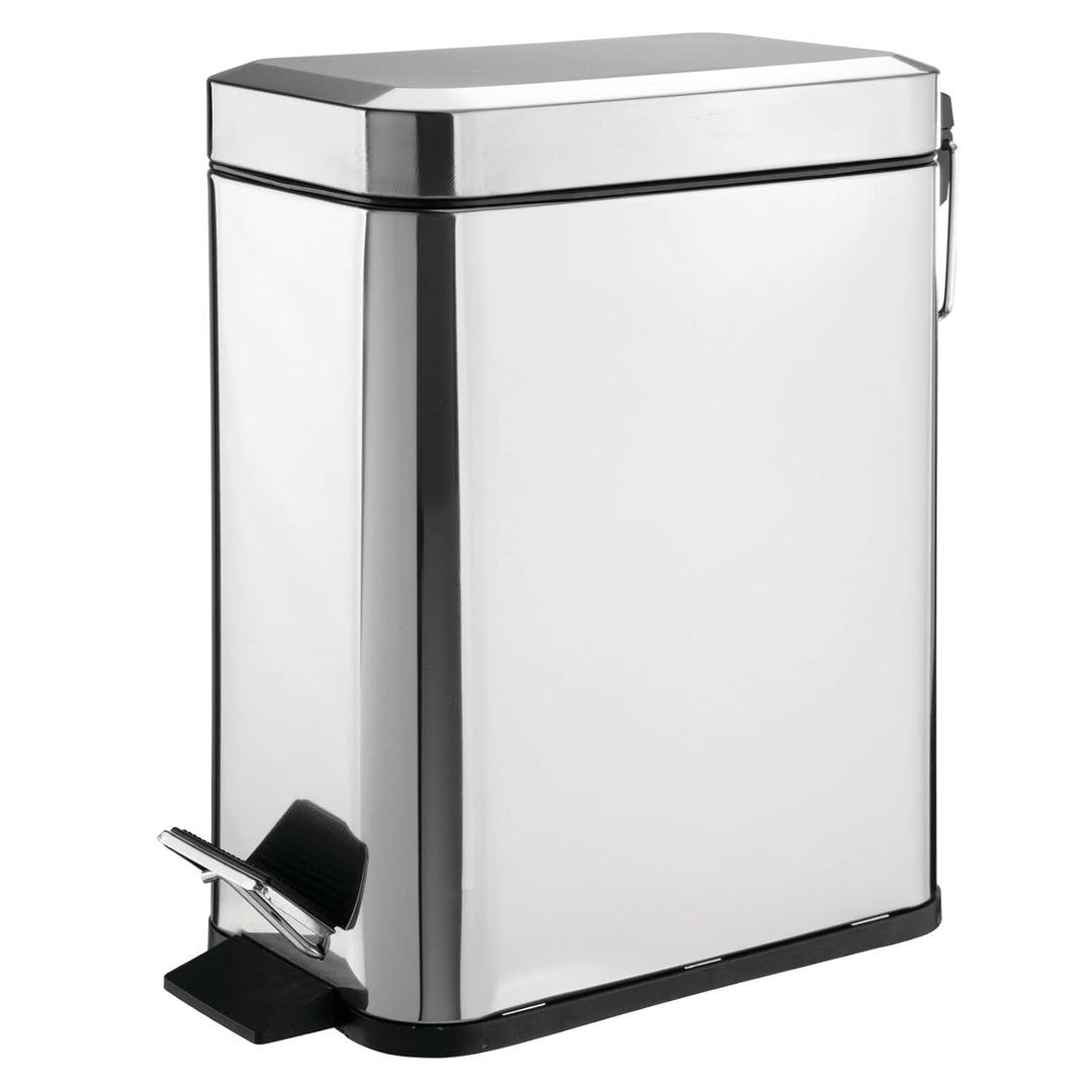 mDesign Small Modern 1.3 Gallon Rectangle Metal Lidded Step Trash Can, Compact Garbage Bin with Removable Liner Bucket and Handle for Bathroom, Kitchen, Craft Room, Office, Garage - Chrome (5 liter)