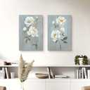 Color Play Flower Canvas Abstract Wall Art: 2 Pieces White Floral Prints Artwork Vintage Peony Bouquet Botanical Painting Picture for Bedroom Living Room Bathroom Home Office, 24"L x 16"W x 2