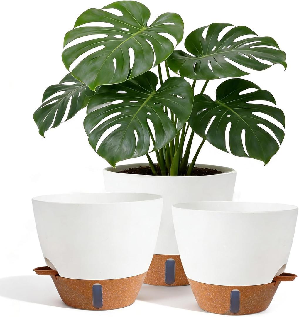 8/9/10 Inch Large Self Watering Pots, Plastic Flower Pots with Multi Mesh Drainage Holes and Water Level Indicator & Deep Reservoir for Indoor Outdoor Garden Plants and Flowers (White)