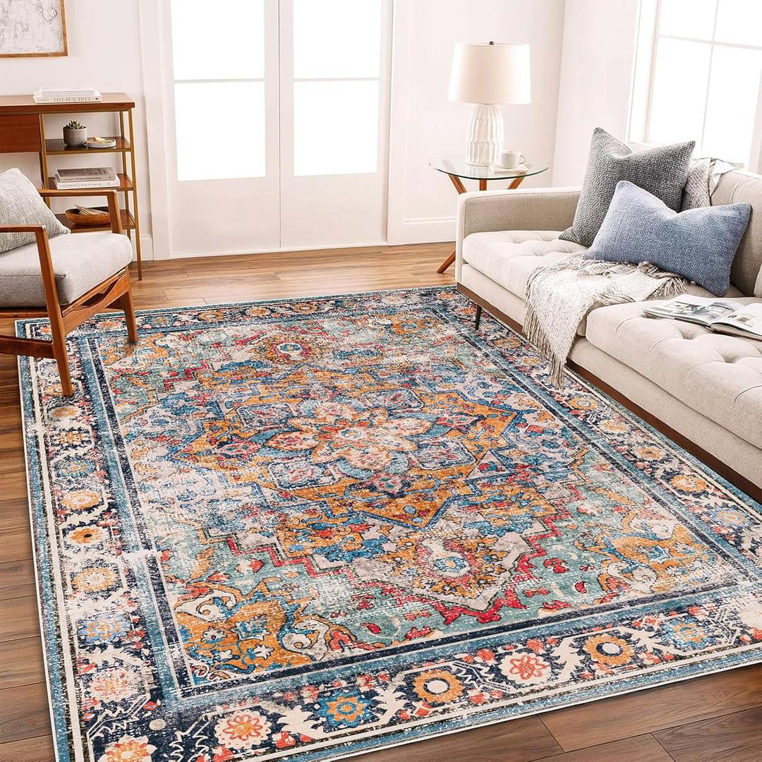 6'x9' Washable Vintage Area Rug Boho Chic Medallion Distressed Design Non-Shedding Easy Care Ideal for High Traffic Areas in Living Room Bedroom Kitchen Office Large Carpet (Blue and Yellow)