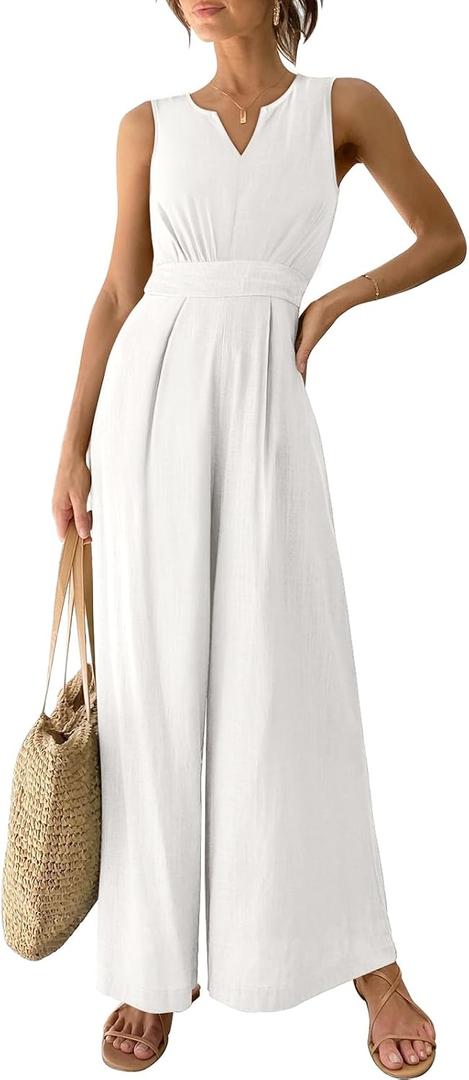 ANRABESS Jumpsuits for Women Summer Dressy Casual Linen Romper Sleeveless V Neck High Waist Wide Leg Beach Vacation Outfits White Small