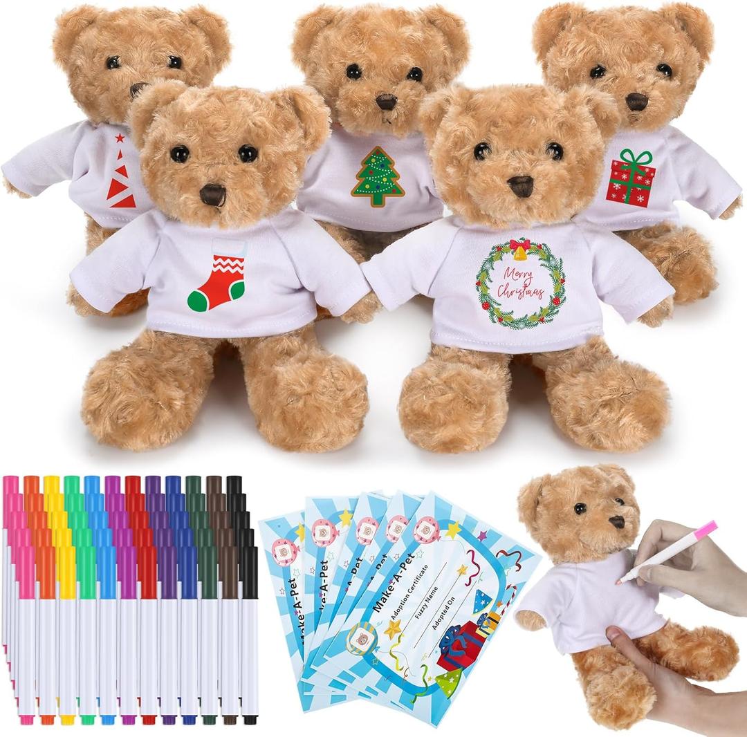 Blueweenly 20 Pcs Make Your Own Valentines Stuffed Bear Kit Including 9.84 Inches Velvet Animal White T Shirt 12 Colors Pens and Card DIY Stuffed Plush Valentine Gift for Crafts(Khaki,Bear)
