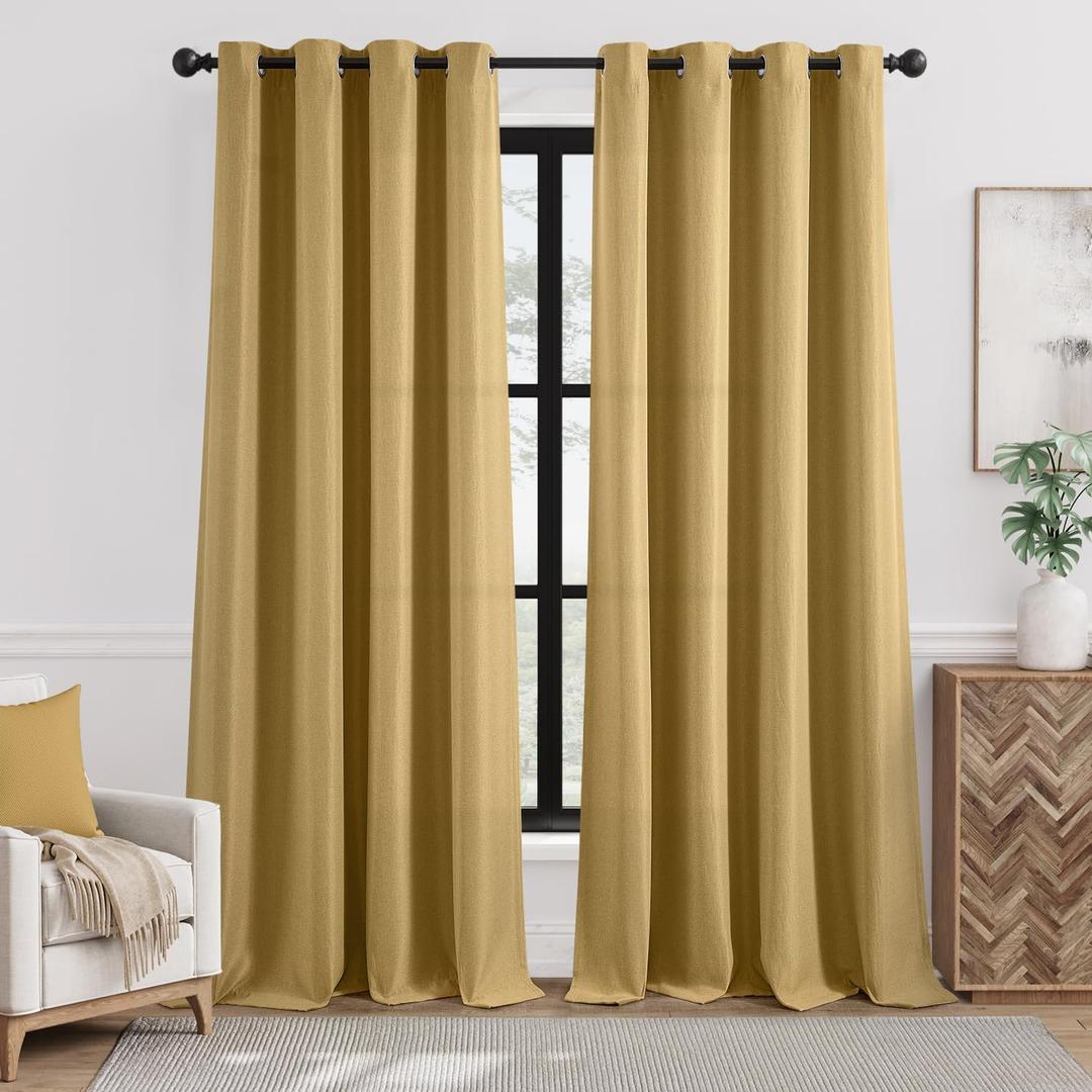 jinchan Linen Textured Room Darkening Curtain 96 Inches Long for Living Room Room Thermal Insulated Grommet Top Window Drape for Bedroom 52" W x 96" L Mustard Yellow 1 Panel